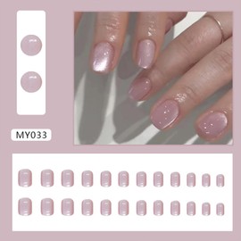 Tyuimhx Light Purple Cat Eye Press on Nails Square Short Fake Nails Glossy False Nails With Glitter Designs Full Cover Stick on Nails Acrylic Artificial Nails for Women Girls Glue on Nails 24Pcs