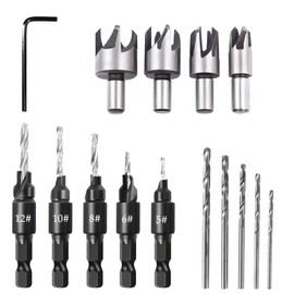 PZJFH 15-Piece Countersink Drill Set, Replacement Drill Bit and 1/4 Inch Hexagonal Handle with Masonry Drill and Wood Drill for Precise Drilling Holes, Tin-Coated, for Wood, Plastic, PVC and More