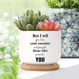 DecStic But I Tell You, Love Your Enemies and Pray for Those Who Persecute You Planter Ceramic Bible Verse Round Flower Pots with Drainage Holes and Bamboo Tray Pot for Home Office Desk Garden