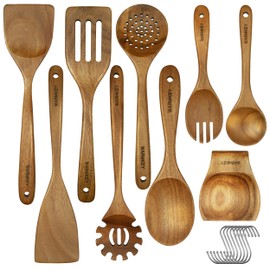 WARMKEY Acacia Wood Kitchen Utensil Set 9PC - Natural Wooden Cooking Tools for Nonstick Pans&Stir Frying, Scratch-Proof & Heat Resistant, Sturdy & Lightweight with Spoon Rest(Spatula/Spoon/Salad Fork)