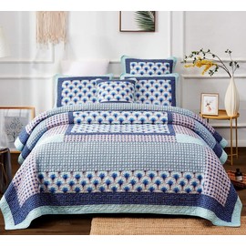 DaDa Bedding Mediterranean Fans Cotton Real Patchwork Nautical Quilt - Mid Century Bedding Breezy Ocean Waves Minty Sea Blue Shell - Bright Colorful Quilted Coverlet Bedspread Set Cal King - 3-Pieces