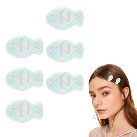 6 Pcs Small Fish Hair Clips Glossy White Resin Snap Hairpin Cute Purple & Green Checkered Pattern Metal Hair Barrettes for Women Headwear Styling Summer Decor
