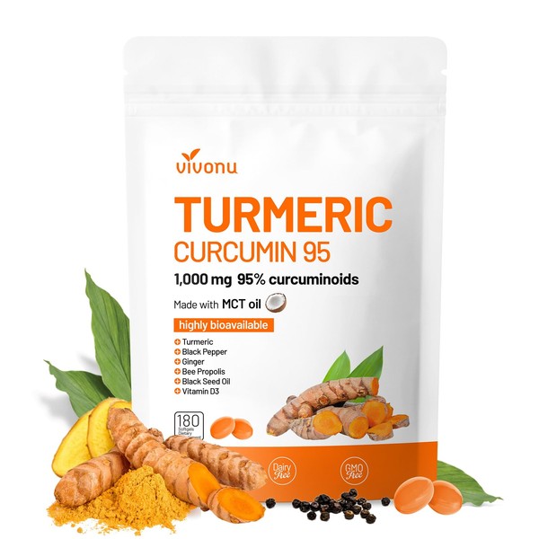 VivoNu Turmeric Curcumin Supplement with Black Pepper Capsules, 1000mg Pure