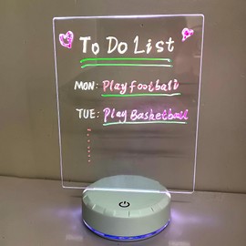 Acrylic Dry Erase Board with Light 7.3"X5.9" Clear Light up Dry Erase Board with Stand Base Glow Memo LED Letter Rewritable Message Board White Board LED Note Board with 7 Color Markers (M)