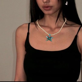 y2k Blue Starfish Necklace for Women Glass Starfish Handmade Necklaces Glass Pendant Necklace Unique Colors Murano Glass Ocean Necklace Summer Pearl Beach Charm Necklace
