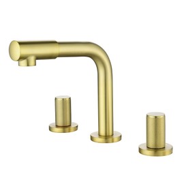 SHAMANDA 8 Inch Widespread Faucet with 360 Degree Swivel Nozzle and Spout, Modern 2 Unique Knob Handles Bathroom Sink Faucet 3 Hole Brushed Gold, Valve and cUPC Water Supply Hoses Included, LB801-3