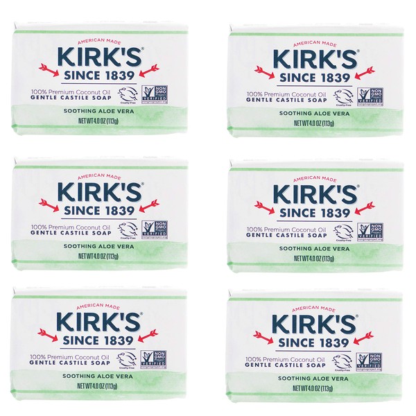 Kirk's Castile Bar Soap Clean Soap for Men, Women & Children | Premium Coconut Oil | Sensitive Skin Formula, Vegan | Soothing Aloe Vera | 4 oz. Bars - 6 Pack