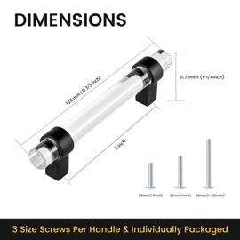 BonKuDoo 5 Pack Glass Drawer Pulls Crystal, Matte Black Cabinet Handles, Kitchen Cupboard Pulls Dresser Pulls(5 Inch Hole Center)