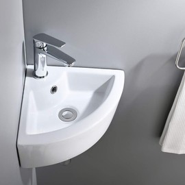 Small Corner Wall Mount Bathroom Sink and Faucet Combo - VOKIM White Porcelain Ceramic Above Counter Mini Vanity Vessel Sink with Chrome Faucet and Pop-up Drain Combo