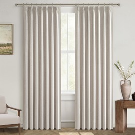 Natural Linen Pinch Pleated Blackout Curtains & Drapes 96 Inch Long Bedroom/Livingroom Farmhouse Curtains 2 Panel Sets, Neutral Track Room Darkening Thermal Insulated 8ft Back Tab Window Curtain