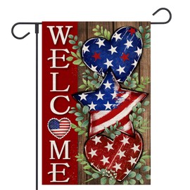 FUYUCHEN 4th of July Garden Flag 12x18 Inch Double Sided Outside Burlap Glag Red Patriotic American Stars Hearts Independence Day Welcome Holiday Yard Outdoor Decoration