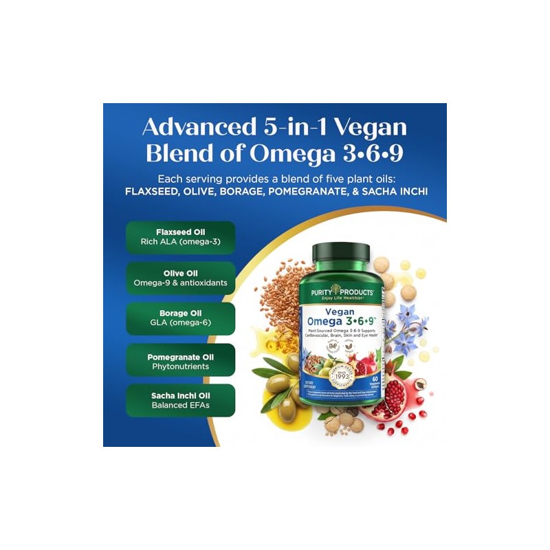 Purity Products Fórmula Vegana Omega Complejo Ácidos Grasos Esenciales Cápsulas