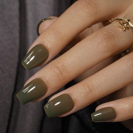 KQueenest Olive Green Press On Nails Short Coffin - Acrylic Press On Nails with Glue, Ballerina Medium Short Fake Nails Press ons, Glossy Opaque, Reusable Soft Gel Glue on Nails for Women, 30 Pcs