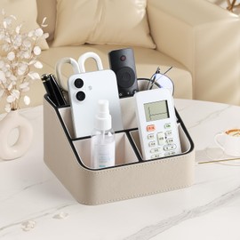 MEIBOOCH Remote Control Holder, PU Leather Small Desk Organizer Stylish Cute Desktop Organizer for Home Office Desk Accessories, Remote Caddy Bedside Nightstand Organizer for Women Men (Beige)