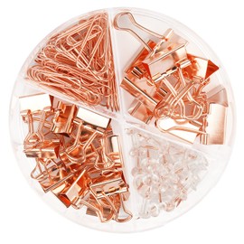 DANRONG 97 PCS Office Supplies for Women, Paper Clips, Binder Clips and Push Pins Set, Paperclips Thumb Tacks School and Home Desk Supplies, Desk Organized (Rose Gold)