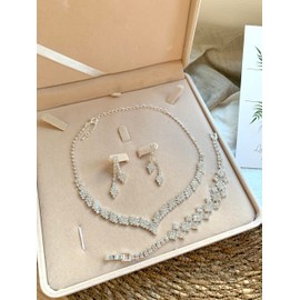 ONDEGO® 3er Set V SILBER Strass Schmuck Kette Schmuckset Armband Hochzeit Collier Halskette Brautschmuck Kommunion Ball Abiball