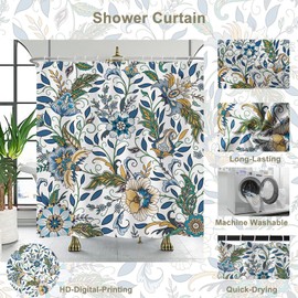 Yanutan Blue Boho Floral Shower Curtain,Vintage Bohemian Flower Shower Curtain Set for Bathroom,Modern Luxury Fabric Bath Curtain with Hooks, 72x72in