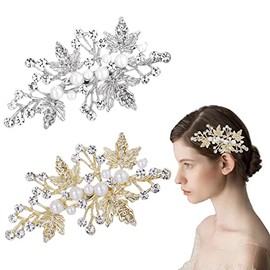 2Pcs Rhinestone Pearl Hair, French Barrettes Spring Hair Barrettes Clip,Leaf Wedding Hairpin Bride Pearl Crystal Hair Clips for Daily Wear