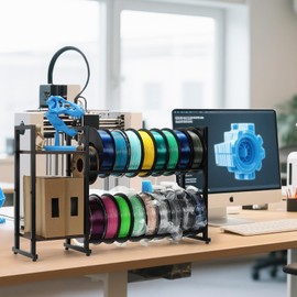 EnigmaSoul Desktop 3D Printer Filament Storage Rack with Wooden Display Shelves, Heavy-Duty Filament Spool Holder Stand for 3D Prints & Accessories, Ideal for 3D Printing Studio, Office, Workshop