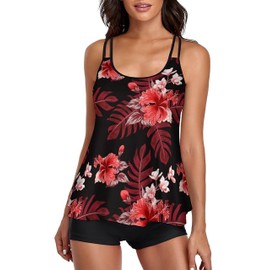 MAIABLEAU Tankini Bathing Suits Women Swimsuits Two Piece Swimwear Tank Top with Boyshorts Black Red Flower 2XL