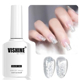 Vishine Glitter Gel Nail Polish, 16ml Crystal Silver Sparkle UV gel, Diamond Shiny Soak-Off Gel Polish for Nail Art & Home DIY, Shade L315 Crystal Stardust Falls