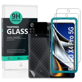 Ibywind Screen Protector Compatible with Poco X4 Pro 5G 6.67 Inches, with Metal Camera Protective Film, Carbon Fibre Skin for the Back, Includes Easy Install Kit (Centre Frame)