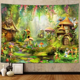 Fairy Forest Mushroom Decor Tapestry, Cute Fantasy Enchanted Forest Garden Tapestries Wall Hanging for Girls Bedroom College Dorm Room Aesthetic 60X40" Fairytale Nature Nursery Poster Blanket
