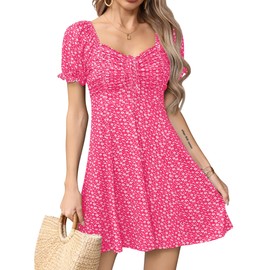 Missufe Women's Puff Short Sleeve Drawstring Ruched Front Fit and Flare Floral Summer Casual Short Dress (Hot Pink, Small)
