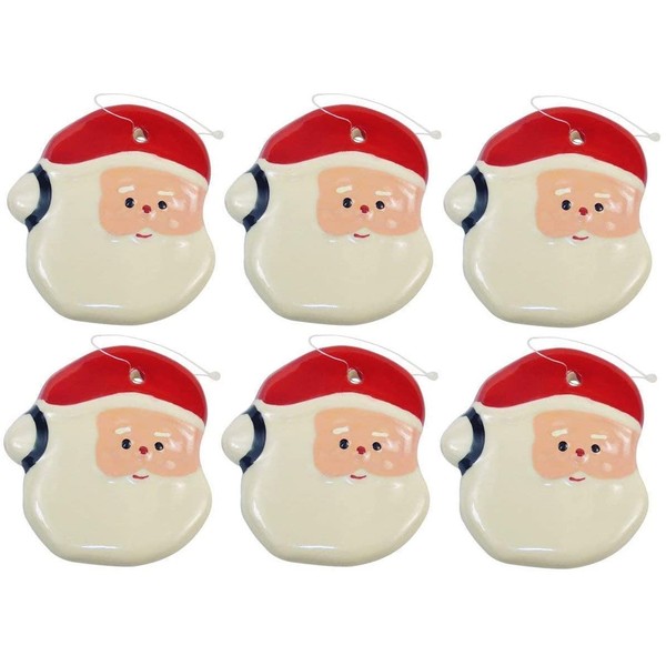 JH Smith Santa Xmas Ornament - Shiny Glazed Earthenware Christmas Ornament Santa Face with Hanging String, Great Collection for The Holiday Tree Trimmings. Set of 6.