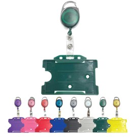 PCL Media ltd Green Retractable Badge Reel with Carabiner Clip and Green ID Card Holders, Open-Faced Rigid ID Badge Holder - Holds One ID Card Ski Pass Holder