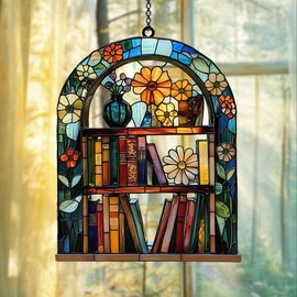 Floral Bookshelf Bookish Acrylic Suncatcher Stained Glass Effect Window Car Hanging Christmas Ornament Indoor Outdoor Decor Garden Bookworm Sun Catcher Book Lover for Women Mom Grandma