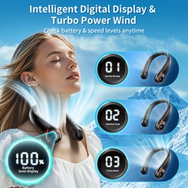 ZHZW Portable Neck Fan with 6000mAh USB - Rechargeable Battery, Ultra-Light Bladeless Neck Fan LED Display, 360° Cooling Wearable Fan, 3 Speeds (black)