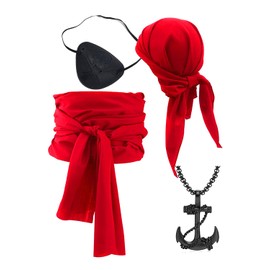 Pirate Cosplay Costume - Women's & Men's Accessory Set: Head Scarf, Sash Belt, Bandana Headband & Waist Belt (Red)