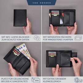VON HEESEN Men's Leather Wallet with RFID Protection - Genuine Leather Wallet for Men - Women's Wallet, Black carbon, Portrait Medium (Bifold)