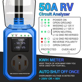 EyGde Smart RV Surge Protector 50 Amp - Upgraded Real Time Monitor Amps, Watts, KWH, Over/Under Voltage Protection Circuit Analyzer with Waterproof Cover