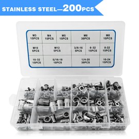 AKKTOL 200-PCS Rivet Nut Kit, Stainless Steel Rivnuts Kit, SAE and Metric Nutserts Kit with Flat Head, 6-32#8-32#10-32#10-24 1/4"-20 3/8"-16 5/16"-18 M3 M4 M5 M6 M8 M10 M12
