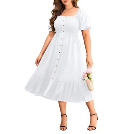Plus Size Summer Dresses White Beach Midi Short Sleeve Boho Flowy Casual Smocked Church Work Curvy Engagement Graduation