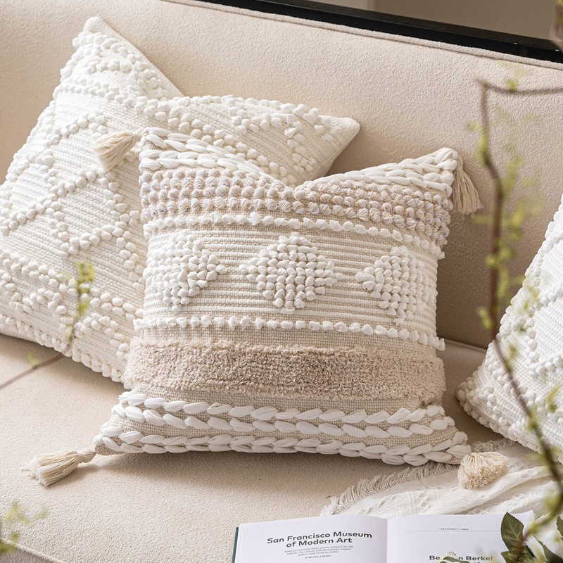 BlissBlush Cream White Boho Throw Pillow Cover 20X20, Decorative Neutral