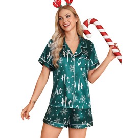 Leikar Christmas Pajamas For Women Satin Pajamas Shorts Set Button Down PJS Vacation Pajamas XL