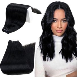 Runature Real Hair Weft Extensions, Jet Black Sew in Weft Real Hair Extensions, Black Remy Hair Wefts, Extensions, 40cm, 100g, #1