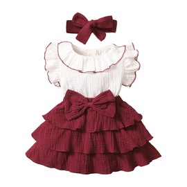 HEOXIN Baby Clothing Dress Girls, Newborn Flying Sleeve Bow Knot Colour Blocking Frilly Baby Dresses with Headband for Clothing Sets, Baby Clothes Red Dress Baby Girls, 3-24 Months, red