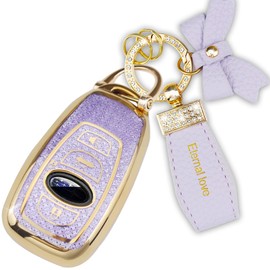 Simocky Key Fob Cover with Diamond Keychain Car Key Shell Compatible with Subaru Forester Outback BRZ Legacy CrossTrek Soft TPU Smart Key Protector for Women (4 Buttons-Purple Bowknot)
