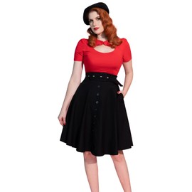 Women Vintage Skirts Solid Color Button Decorated High Waisted Flared A-Line Skirt Black L