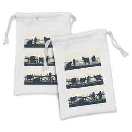 Ambesonne Fence Fabric Pouch Set of 2, Agriculture Theme Grazing Farm Animals Cows Bulls Silhouette Rural, Small Drawstring Bag for Toiletries Masks and Favors, 9" x 6", Petrol Blue Off White