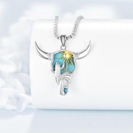 ANGSAU Turquoise Cow Skull Necklace S925 Sterling Silver Bull Pendant Necklace Western Country Jewelry Gifts for Women Men, Sterling Silver, No Gemstone