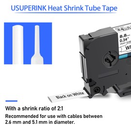 USUPERINK 2PK Compatible for Brother P-Touch HSe-221 HSe221 HS-221 HS221 Black on White 8.8mm 0.34'' Heat Shrink Tubing for Wire Cable for PT-D400 PT-D400AD D450 D600 D600VP Label Maker Tape
