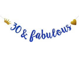 30 & Fabulous Banner,Pre-Strung,No Assembly Required,Funny Blue Paper Glitter Party Decorations for 30th Birthday Party Supplies, Letters Blue,ABCpartyland