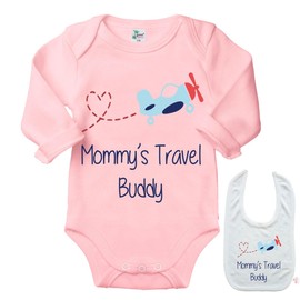 Mommy's Travel Buddy -Cute Newborn Baby Bodysuit Shower Gift Outfit Onesie & Bib