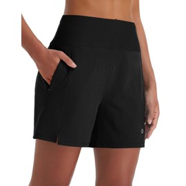 BALEAF Women's Swim Shorts High Waisted with Zip Pokcets Drawstring Liner Swimming Board Shorts 5'' Black M