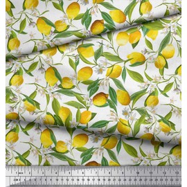 Soimoi Cotton Cambric Fabric Leaves,Floral & Lemon Vegetable Print Fabric by metre 56 Inch Wide